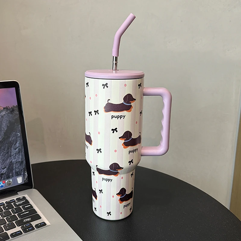 

1200ml Kawaii Puppy Thermos Mug Tumbler For Ice Coffee Water Tea Large Cute Stainless Steel Car Thermal Cups With Straw Handle