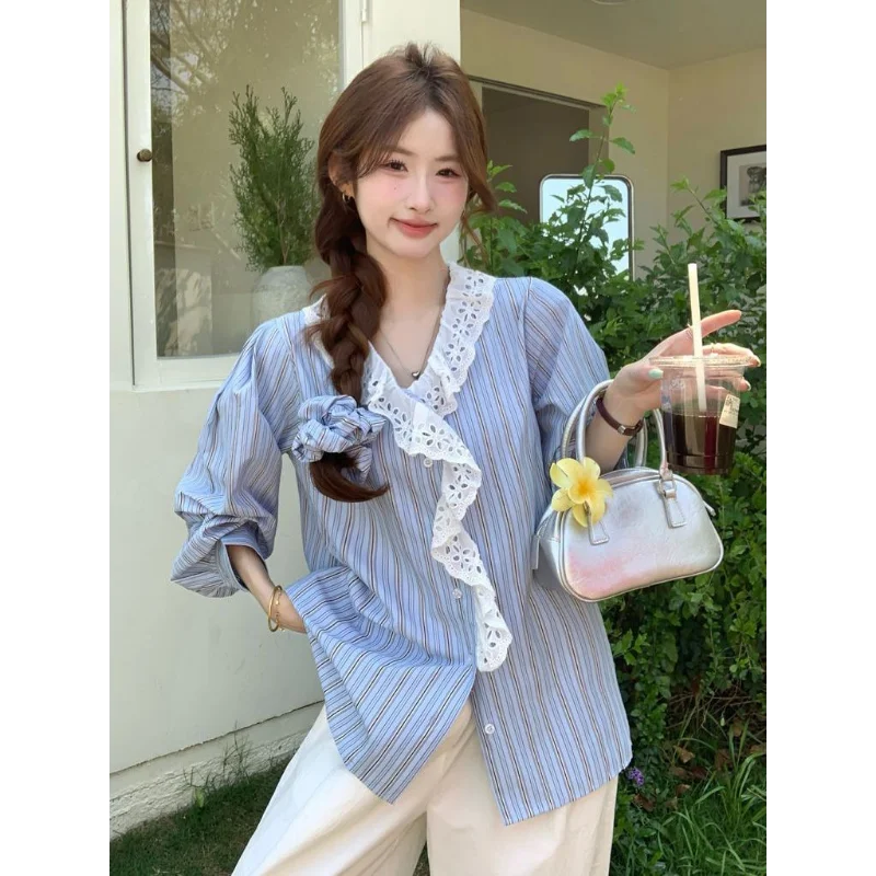 

Lazy Stripe V Neck Lace Trim Long Sleeve Blouse Loose Elegant Top