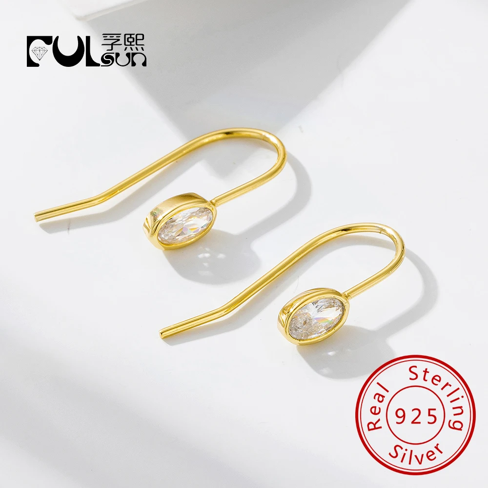 

Simple 925 Sterling Silver Jewelry 14k Gold Plated Oval Zircon Ear Hook Earrings for Women