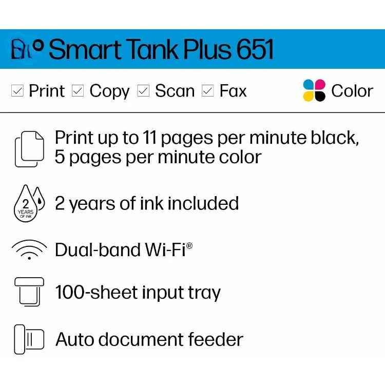 Tank Plus 651 Wireless All-in-One Ink -Tank Printer, up to 2 Years of Ink in Bottles, Auto Document Feeder, Mobile Print