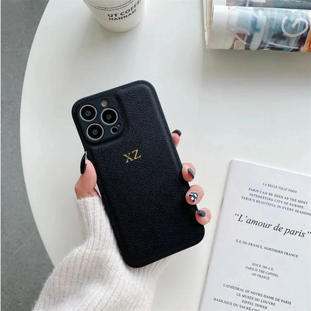 Personalise Initials Name Letters Leather PU Phone Case For iPhone 17 16 15 14 13 12 11 Pro Max XR 7 8 Plus Luxury Plain Cover
