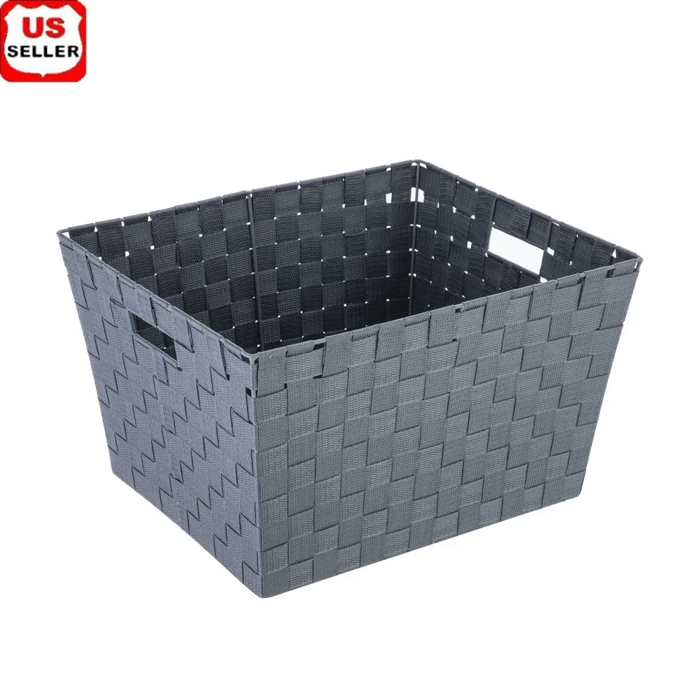 

Medium Grey Woven Storage Basket Home Office Bathroom Living Room Bedroom Decorative Organizer with Cut-Out Handles