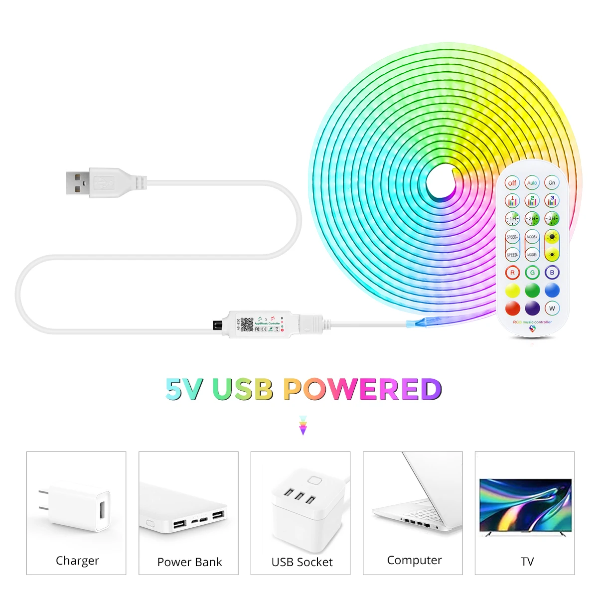 5V USB Powered RGB COB LED Strip Light Bluetooth APP Remote Control Linear Dimmable Tape RA90 Music Mode Room TV Blacklight Deco