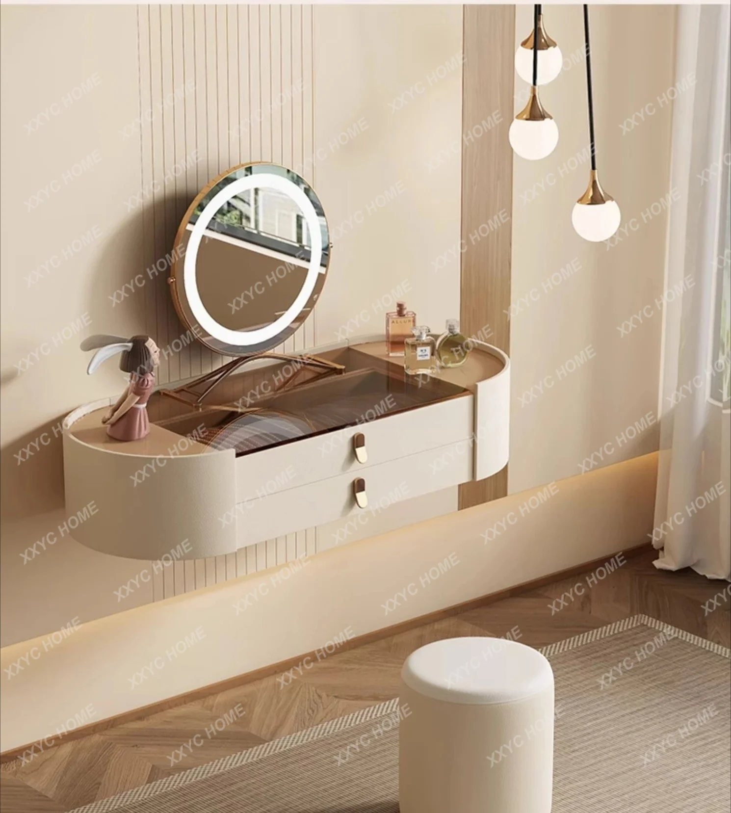 

Silent Cream Style Light Luxury Dressing Table Modern Simple Design Solid Wood Oval Dressing Table