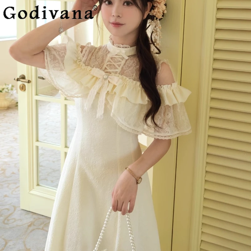 Vestido elegante estilo japonês para mulheres, ombro de fora, gravata transparente, longo, lolita, verão, laço, vestido de princesa