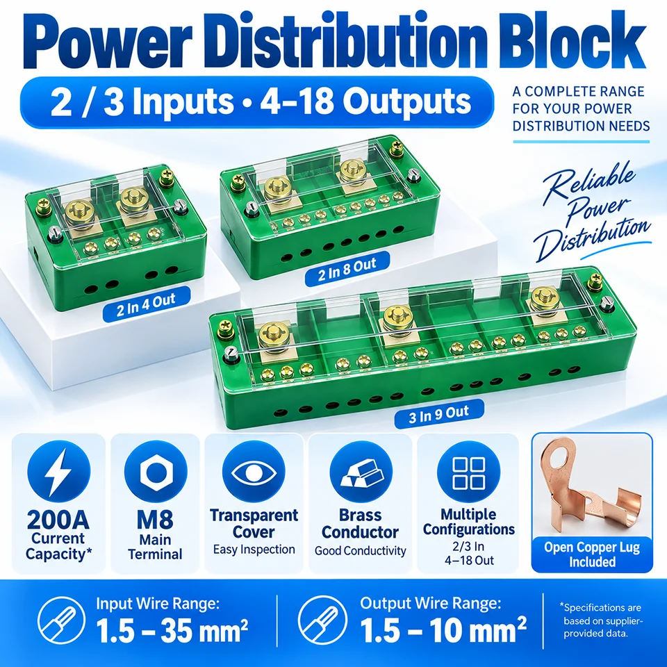 Power Distribution Block 2/3 In 4/6/8/12/16 Out Dual Pole Brass Terminal Bus Bar with Transparent Cover Electrical Junction Box
