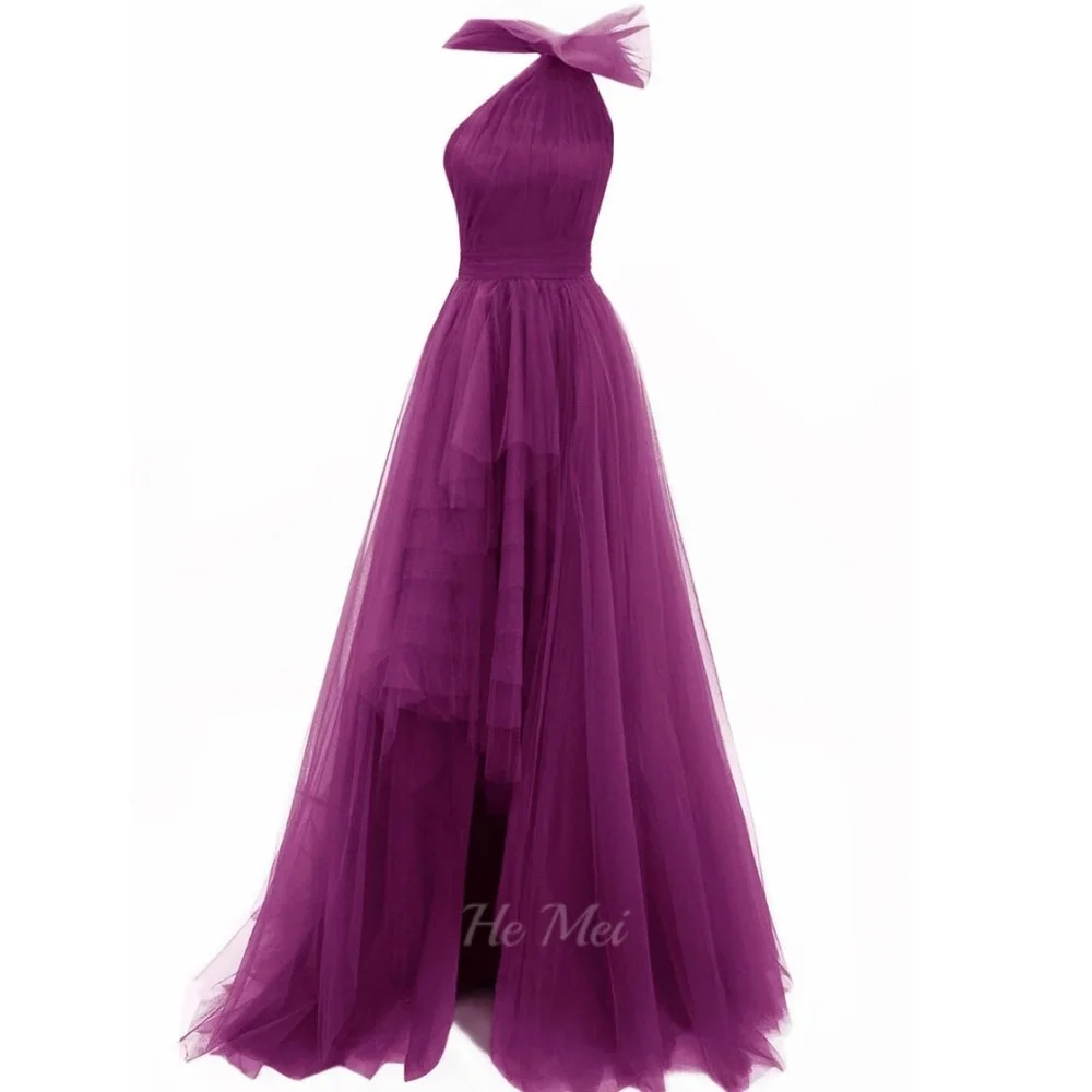 

Customized Prom Dresses Halter One Shoulder Evening Dress Tulle Backless A Line Party Gowns Floor Length Vestidos De Novia