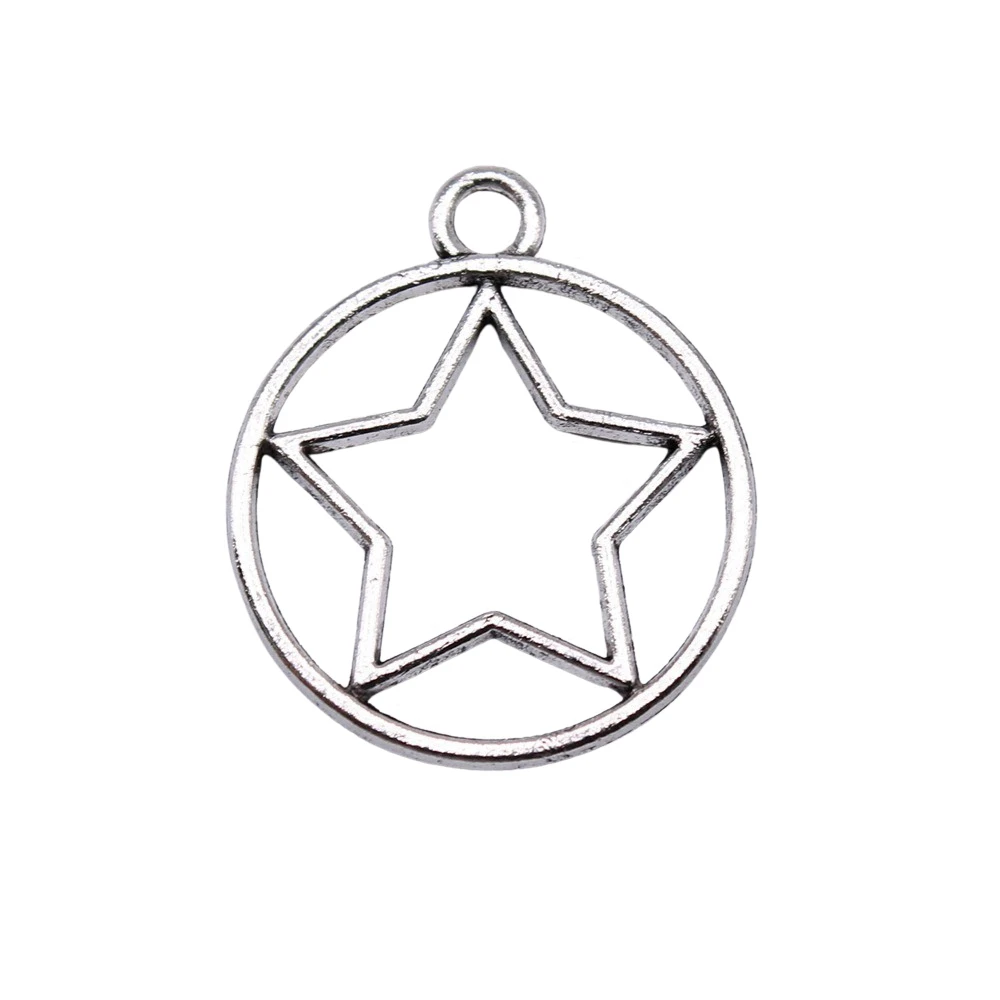 10pcs/lot 28x24mm Round Hollow Star Charms For Jewelry Making Antique Silver Color 1.1x0.94inch