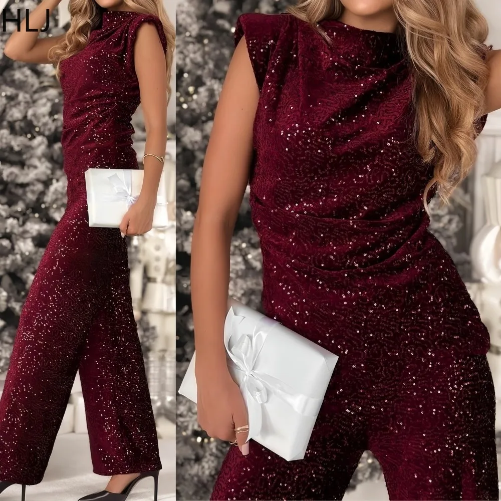 

HLJ Sexy Sequin Patchwork Two Piece Outfits Woman Solid Color Flutter Sleeve Crop Top and Pants Matching Female Streetwear New