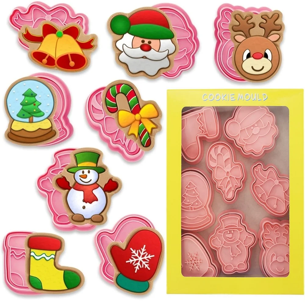 

8 PCSChristmas Cookie Molds Christmas Dough Stamps Plastic 3D Cartoon Pressable Cookie Molds DIY Candy Baking Pastry Decoration