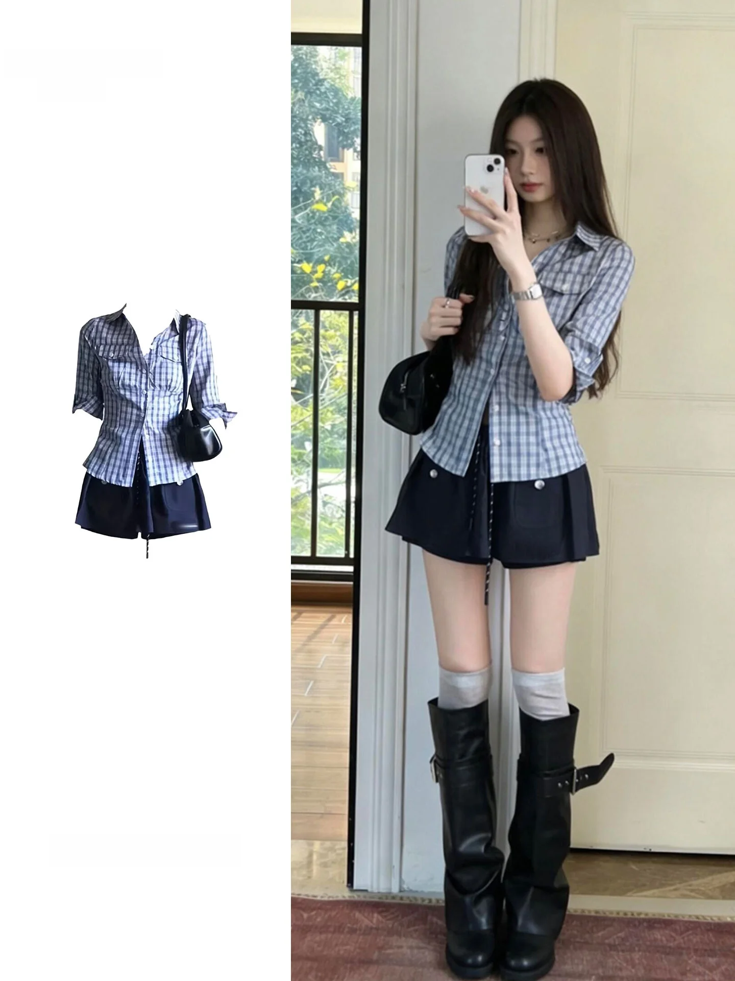 Slim Fit Plaid Shirt And Skirt Set Women's Summer Fashion High Waist Short Sleeve Button up Anti Wrinkle  Collar Two Piec...