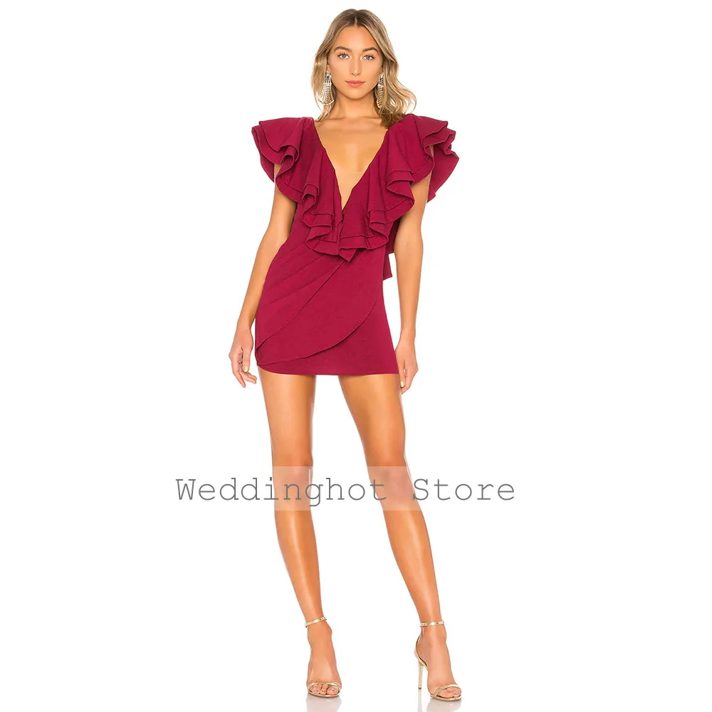 Robe de Cocktail Courte à Col en V Profond pour Femme, Tenue de Soirée Sexy à Volants, Dos aux, Forme Mini Fourreau Ivoire/Colonne