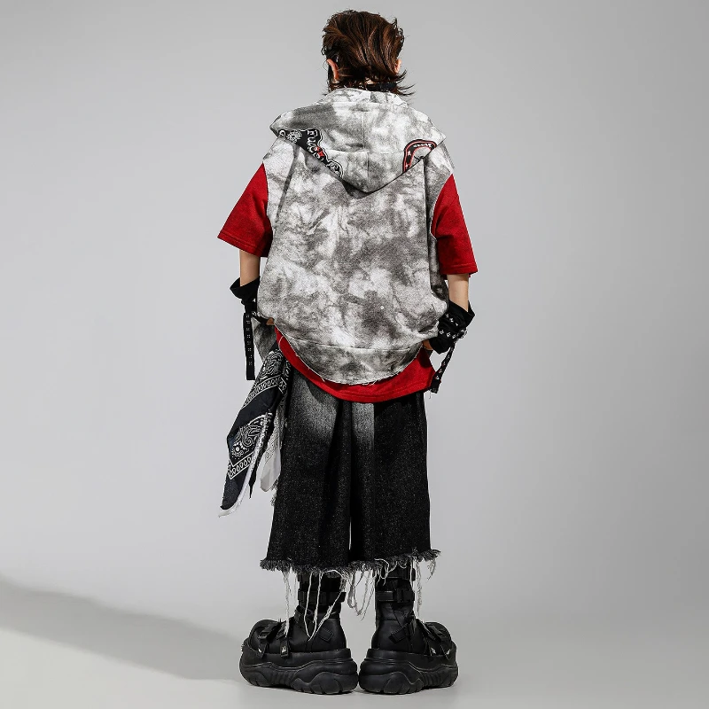 Jungen Hip Hop Kostüm Mädchen Jazz Dance Mode Kleidung Kapuzenweste Schwarz Zerrissene Shorts Street Dance Trommel Bühnenkleidung