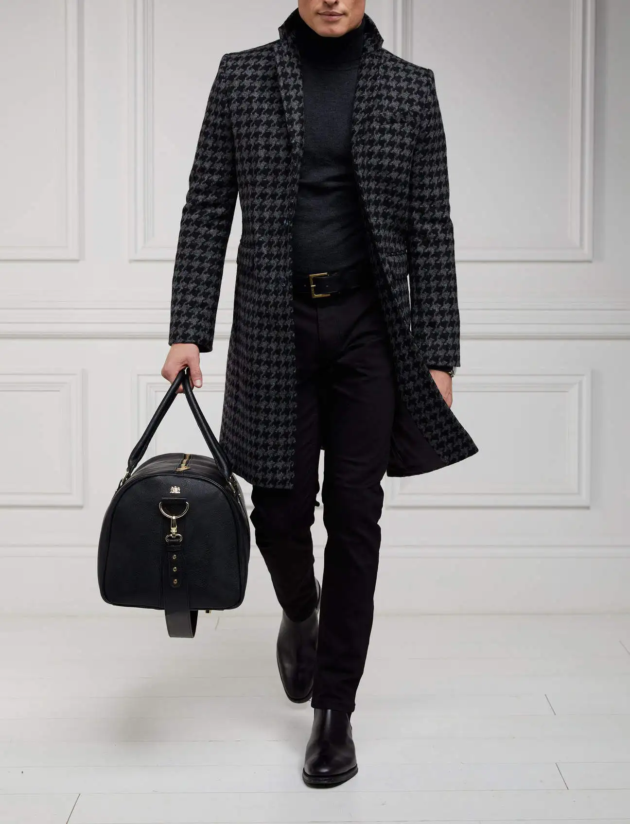 Houndstooth ผู้ชายยาวเสื้อขนสัตว์ผสม Notched Lapel Trench Coats เดี่ยว One Piece ชุดธุรกิจ Blazers ที่กําหนดเอง