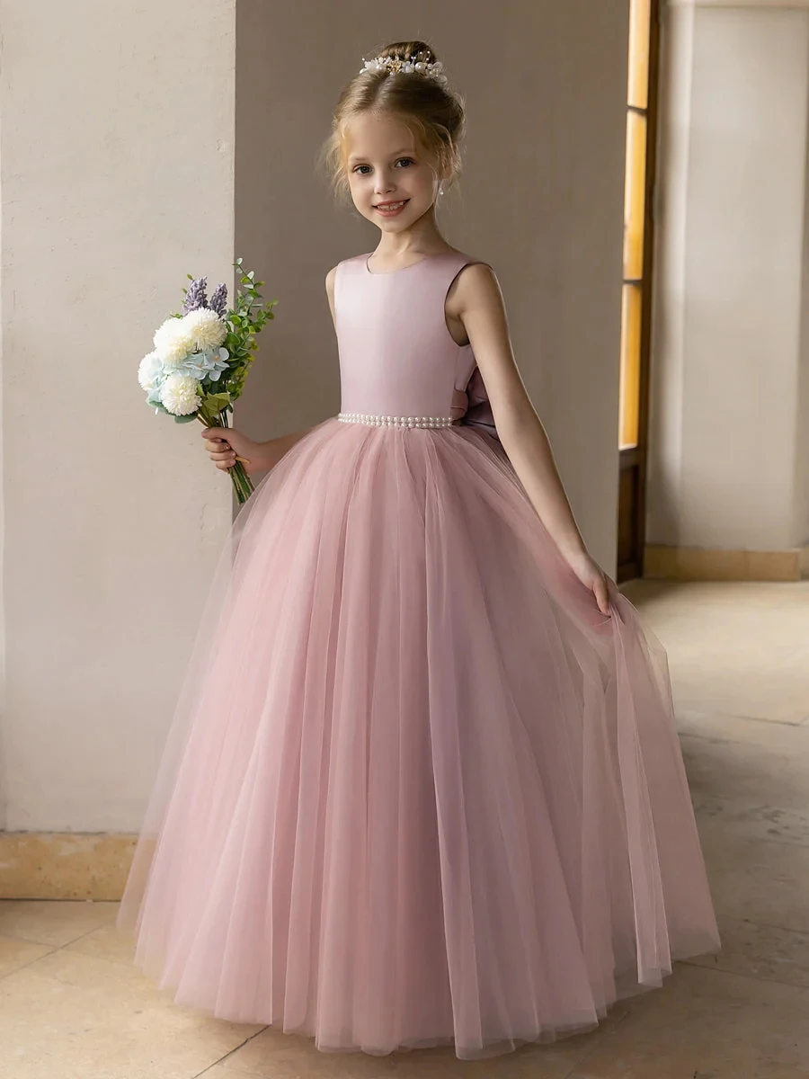 Vestido de baile de tul para niña, traje de princesa con perlas y lazo de satén, quinceañera, 2024