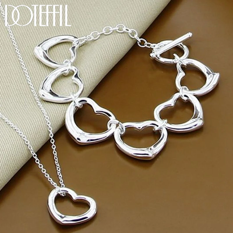 

DOTEFFIL 925 Sterling Silver Heart Bracelet Pendant Necklace Set For Woman Wedding Engagement Party Fashion Charm Jewelry