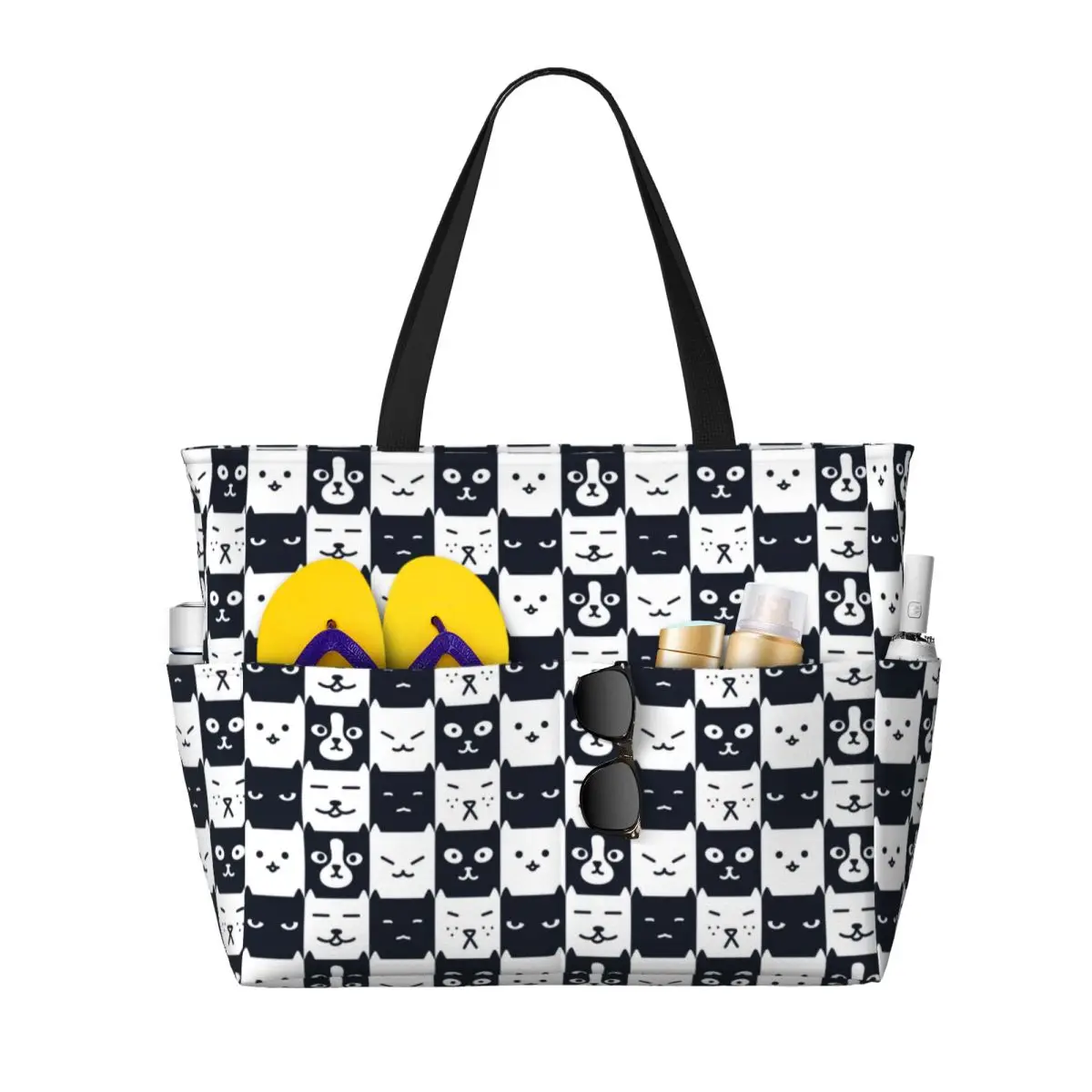 

Женская пляжная сумка-тоут с милым клетчатым рисунком кота, черно-белая клетчатая сумка с большим отделением для пляжного спортзала, дорожные сумки