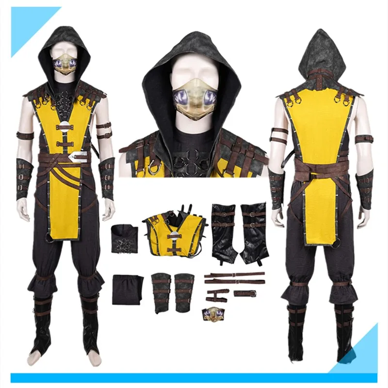 

Костюм Mortal для косплея Kombat, костюм скорпиона для взрослых и мужчин, фантазия, жилет, брюки, пояс, маска, шляпа, наряды, карнавальный костюм на Хэллоуин