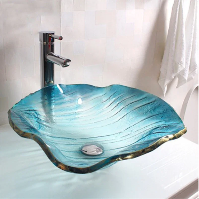 440*440*145mm Glass Sinks Bathroom Washbasin Glossy Blue Golden Edge Countertop Art Basin Washroom Hand Wash Pool with Drainer