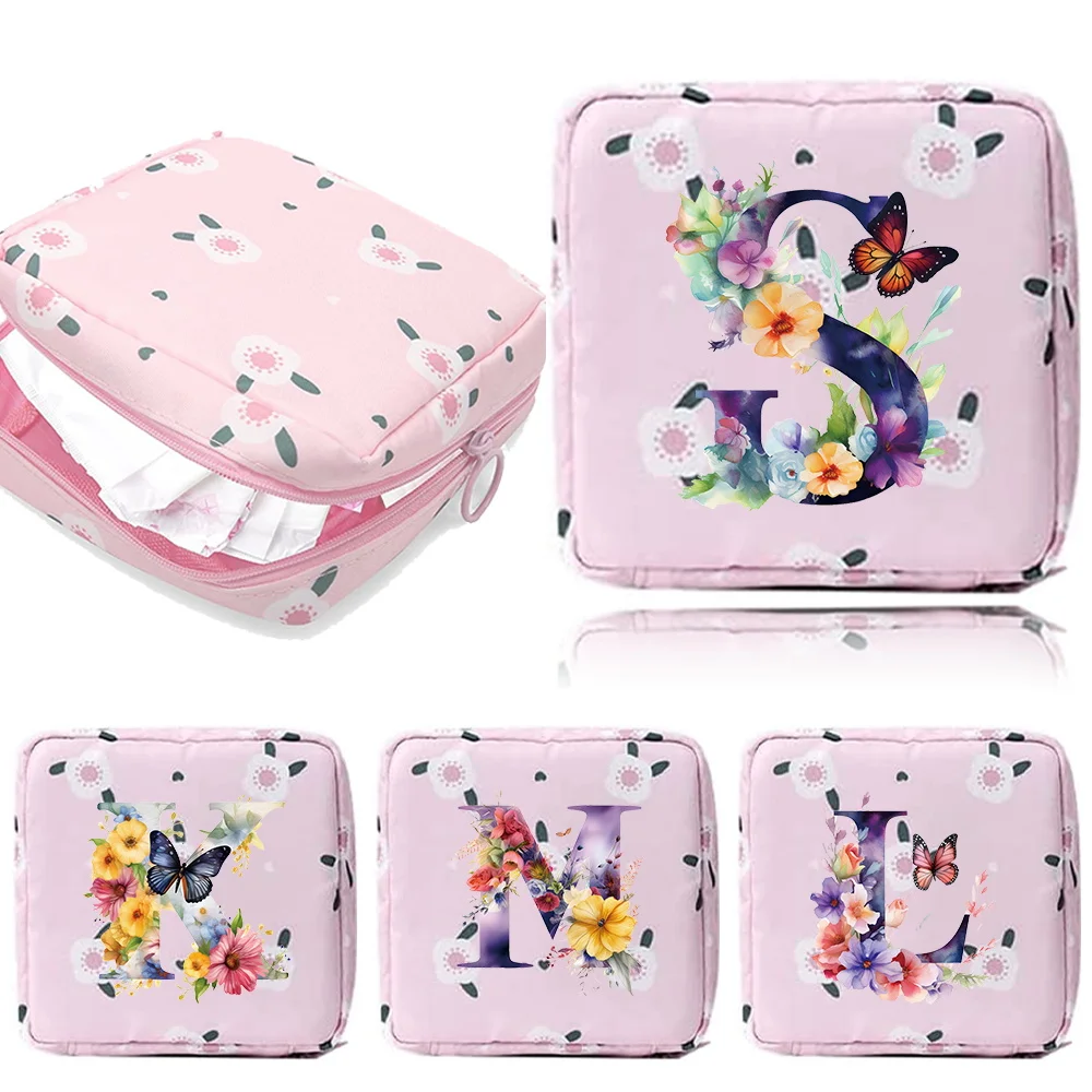 

Women Sanitary Napkin Tampon Storage Bag Portable Organizer Pink Flower Initial Ietter Pattern Series Sanitary Napkin Bag