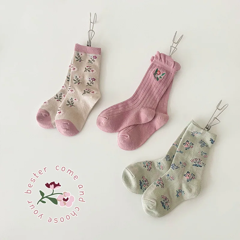 Spring Girls Ruffle Socks Sweet Floral Mid Calf Length Cotton Socks Kids Baby Cozy Class A Sock