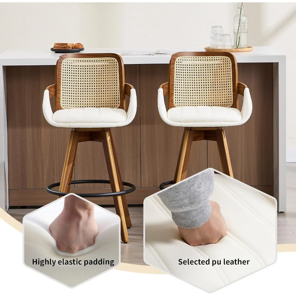 Swivel Bar Stools Set of 2, Faux Leather Counter Height Bar Stools with Arms and Rattan Back, 26" Seat Height Upholstered Bar