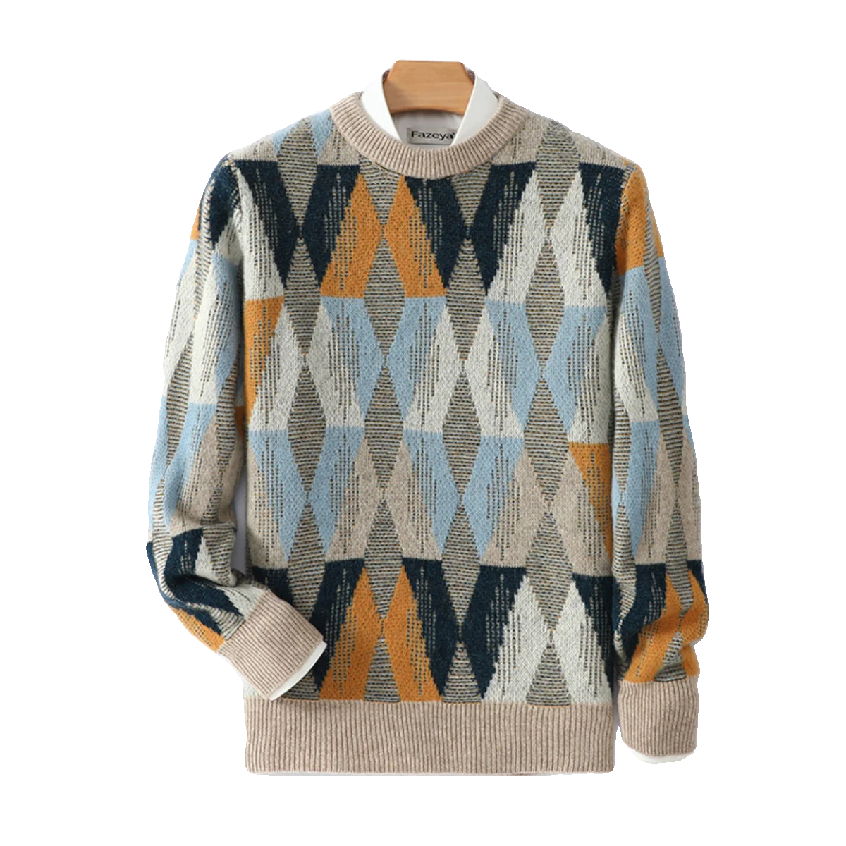 

100% pure wool thickened contrasting rhombus sweater loose light luxury wool knitted bottoming shirt