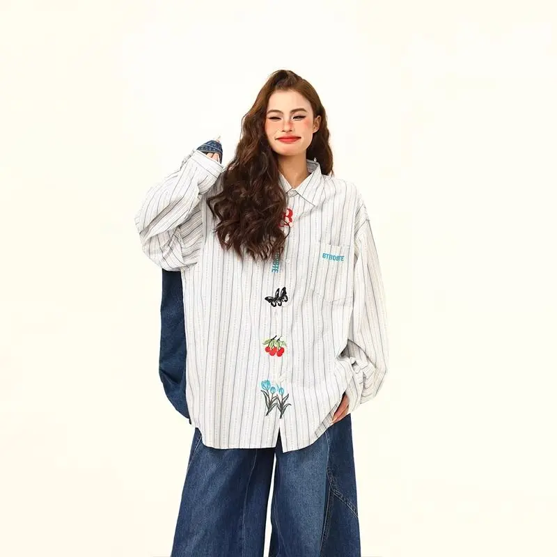 

Couples Artistic Embroidered Long Sve Loose Fit Striped irt Men's Casual Versatile irt Spring Autumn Polyester Fiber