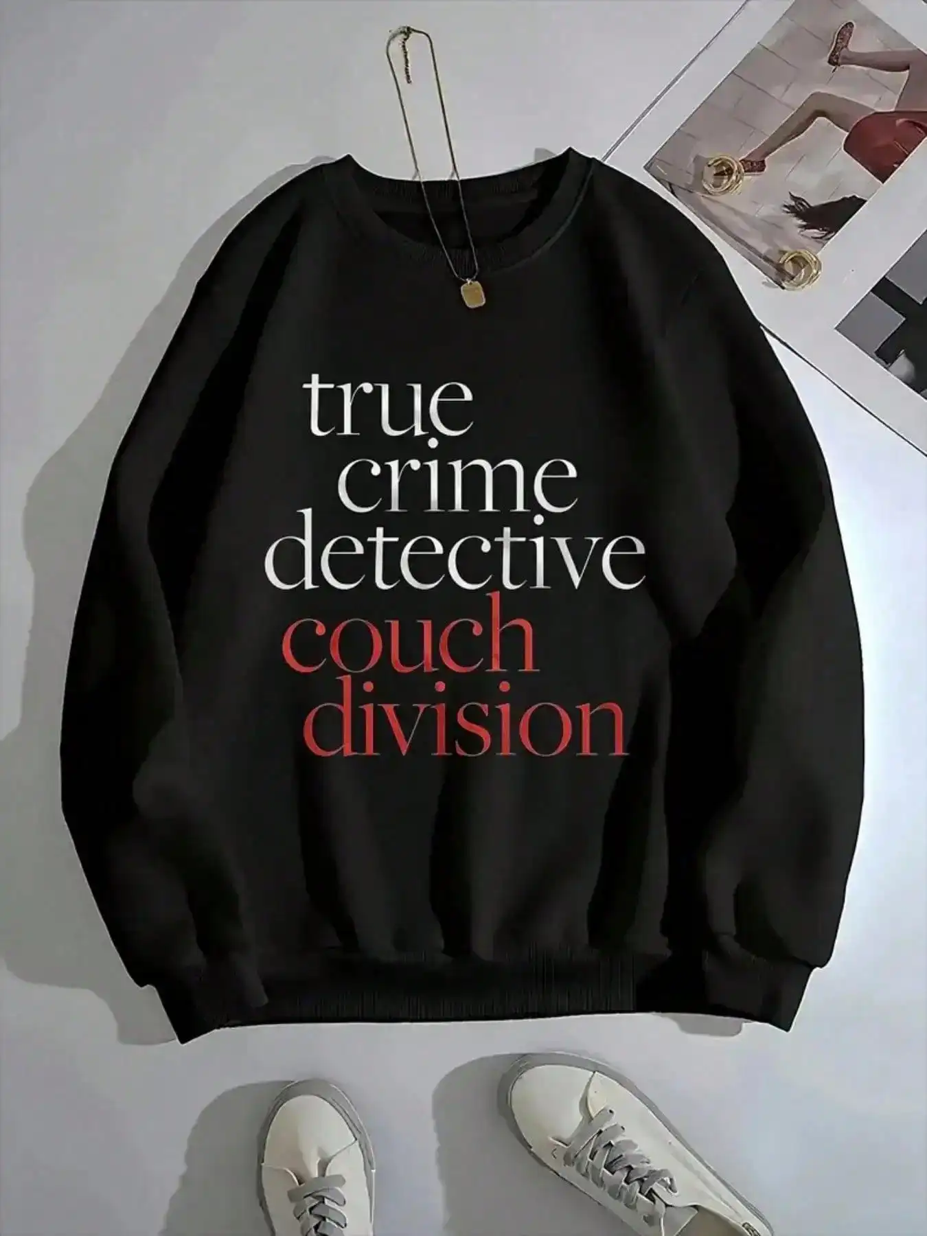 

Black Oversized Crewneck Sweatshirt with Bold Text Print - Loose Fit Cozy Fall Winter Top