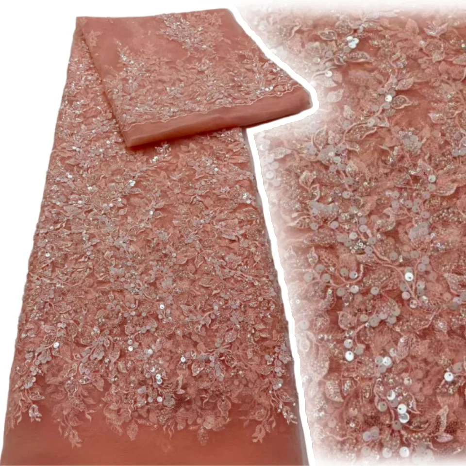 

African French Net Pink Lace Fabric High Quality 5yards Lace with Sequins Beads Luxury Bridal Lace for DIY Dress Sewing TP1326