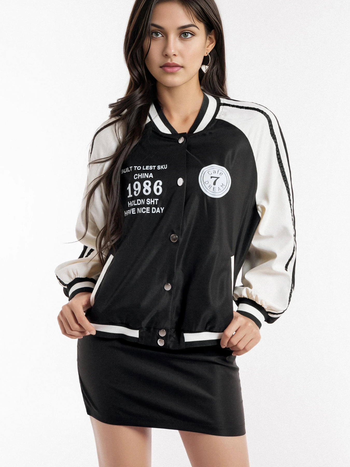

2025 Spring New Casual Women's Clothing Retro Color blocked Baseball Jacket Fashion Jacket Sweet Short Skirt Set