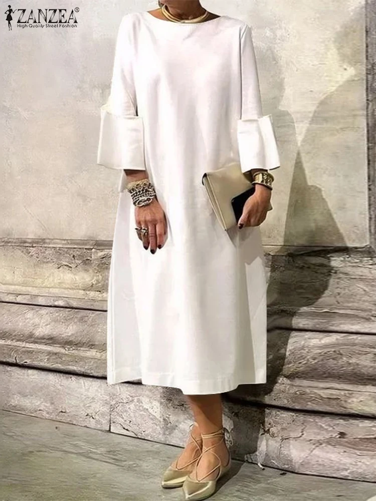 Casual Loose 3/4 Sleeve Sundress ZANZEA Women Fashion Solid Dress Elegant O-neck Midi Robe 2024 Autumn Holiday Simple Vestidos