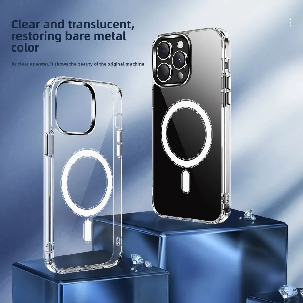 

For IPhone 14 15 16 17 Pro Max Crystal Clear Magnetic Mobile Phone Case For IPhone 16 Four-corner Airbag Anti-drop Protective Co