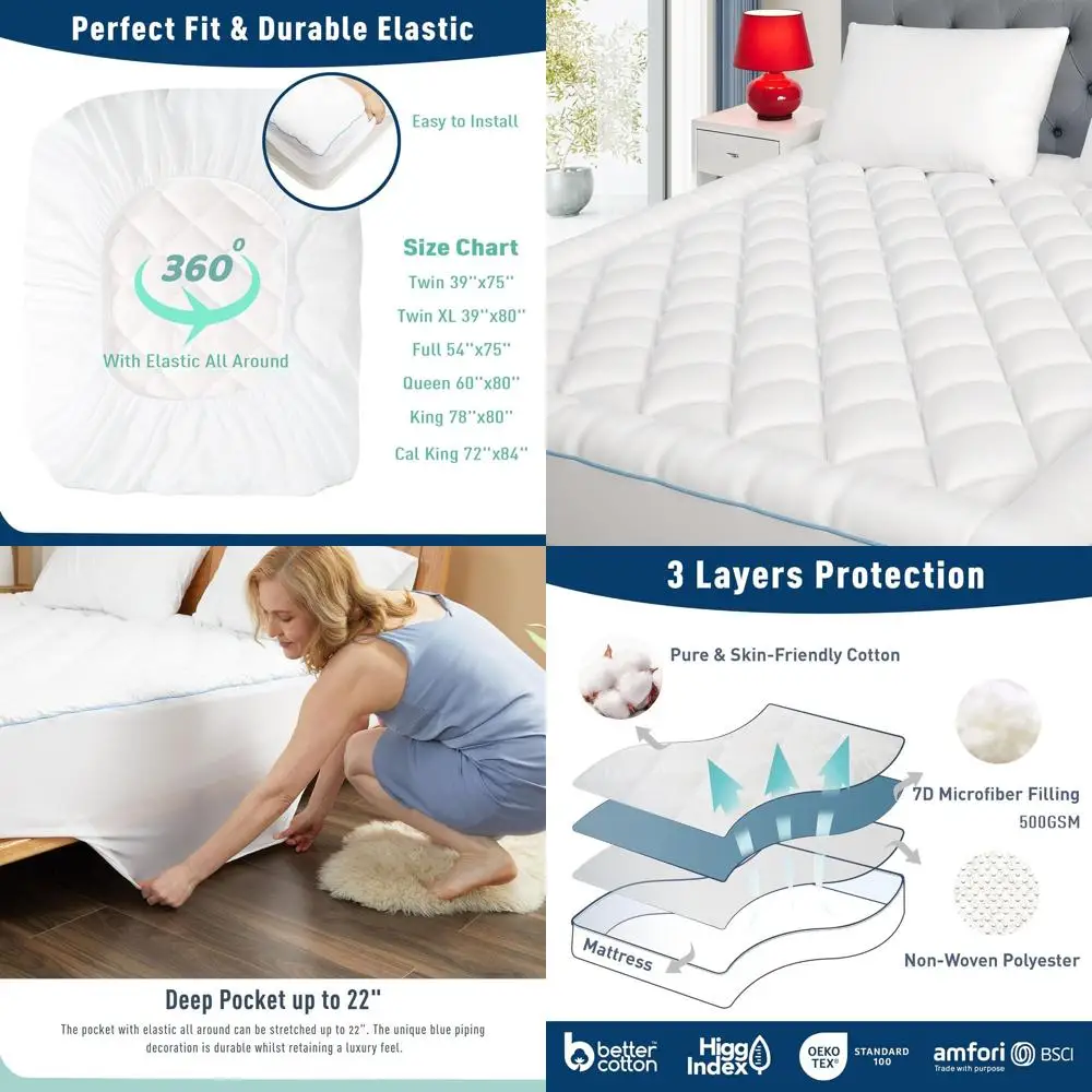 

Extra Thick Cotton Mattress Topper - Quilted Pillow Top, 18-22 Pocket, 54x75 White