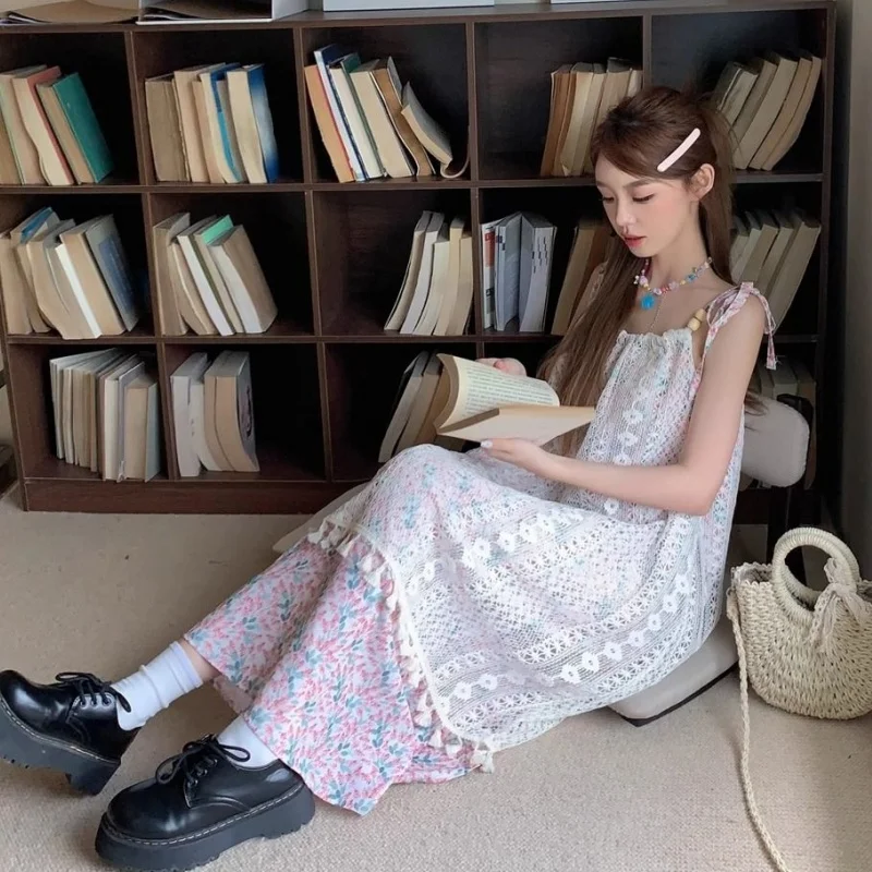 Damen Rosa Langes Kleid mit Blumenmuster, Spitzenbesatz und Quasten, Locker Sitzendes Kleid, Süßes Urlaubskleid für Frauen