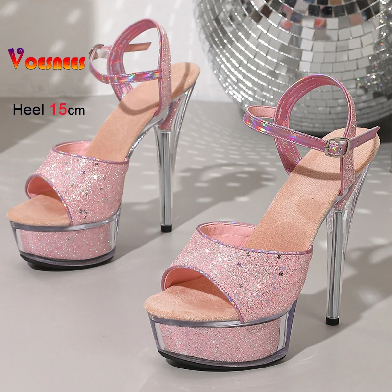 

Новые летние женские сандалии с блестящими пайетками, прозрачные сандалии-гладиаторы на платформе на тонком высоком каблуке 15 см, женские сандалии с пряжкой и ремешком