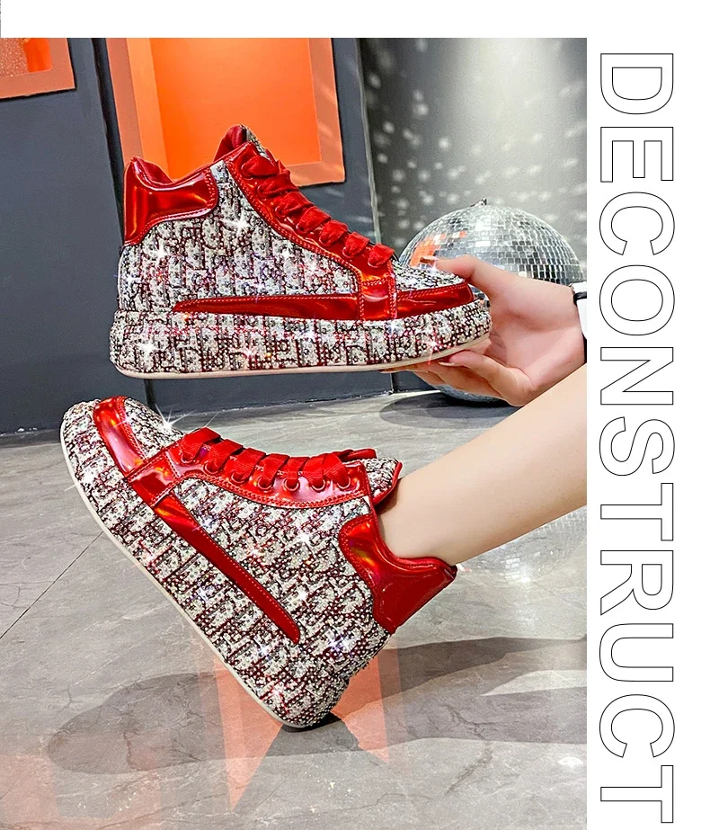 Women's Full Diamond Platform Sneakers Personalized Water Diamond Colored Embroidery Casual Shoes High Top Luxury Sports Shoes