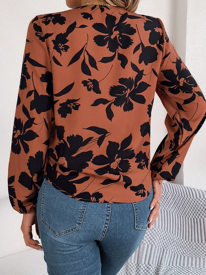 Camiseta feminina 2025 outono inverno mais recente casual contrastante flor lanterna manga rendas até camisa de chiffon manga longa blusas topo