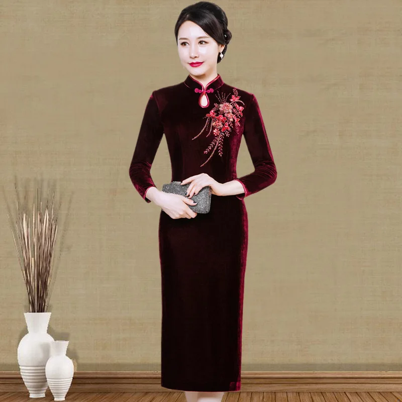 

Ele Long Sve Qipao Mother of the Bride Dr for Middle Aged And ly Women Vintage Sle Velvet Fabric Wedding Cel...