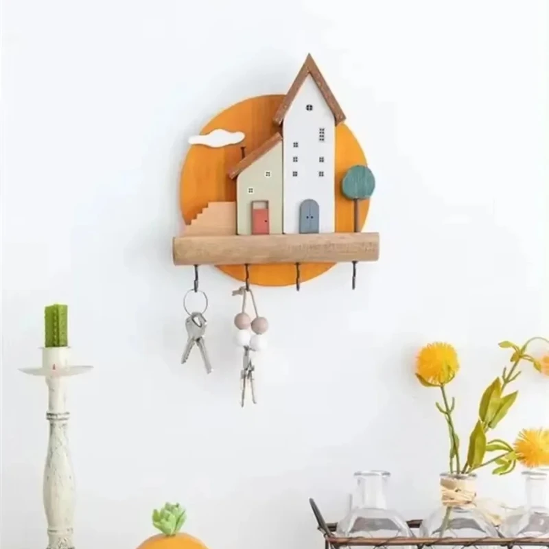 Creativity Keys Storage Holder Rack Cartoon Solid Wood Indoor Porch Wall Hanging Hat Bag Coat Hanger Home Decorative Hook