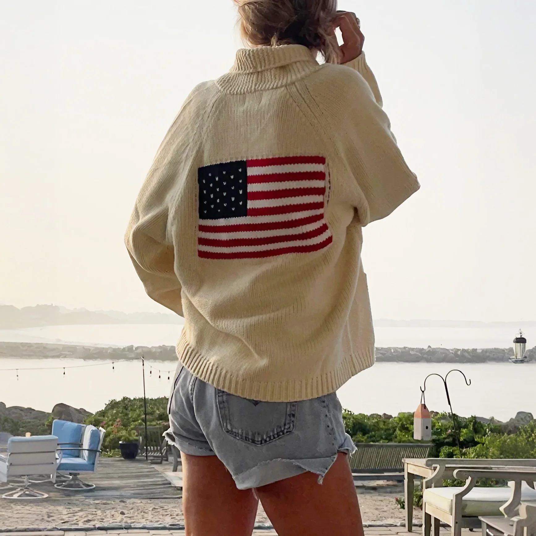 

Flag Pattern Sweater Women Coats Casual Autumn Warm Jumpers Loose Long Sleeved V-neck Boho Beach Sweaters Cardigan Outwear