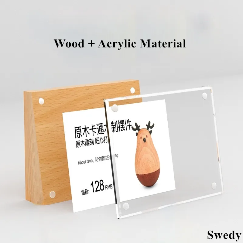 100x70mm Wood Base Magnetic Acrylic Sign Holder Display Stand Baby Picture Photo Frame Small Price Label Card Tags