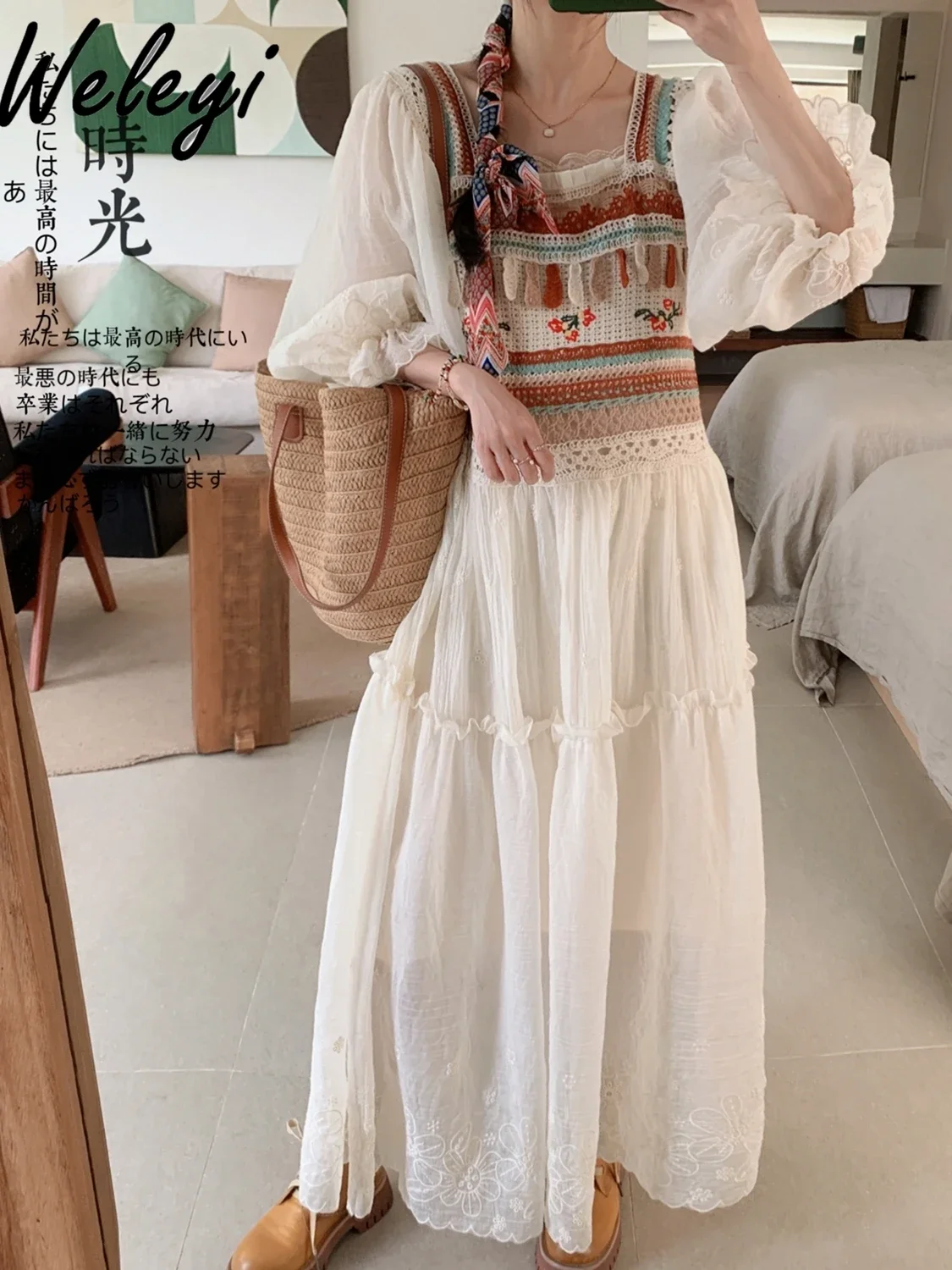 Ethnic Style Knitted Crochet Embroidery Long Dress Original French Vacation Long Lantern Sleeve Stitching Lace Mid Waist Dresses