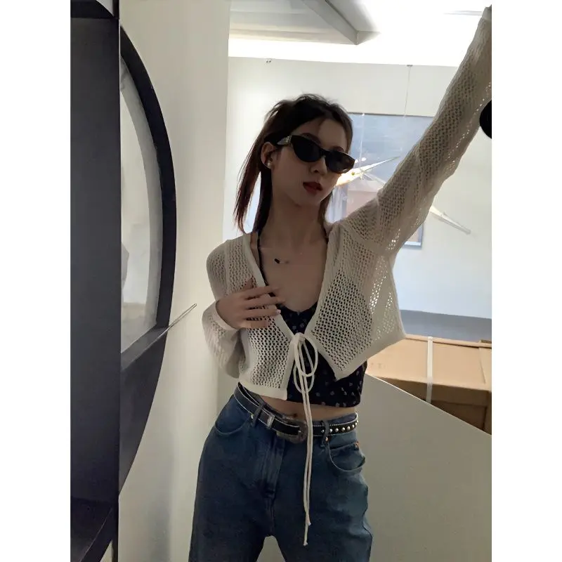 

Y2k Clothing Women Knitted Cardigan Skeleton Crop Tops Streetwear Lace-ups Sun Protection Cardigan Thin Cover-ups Tops Outerwear