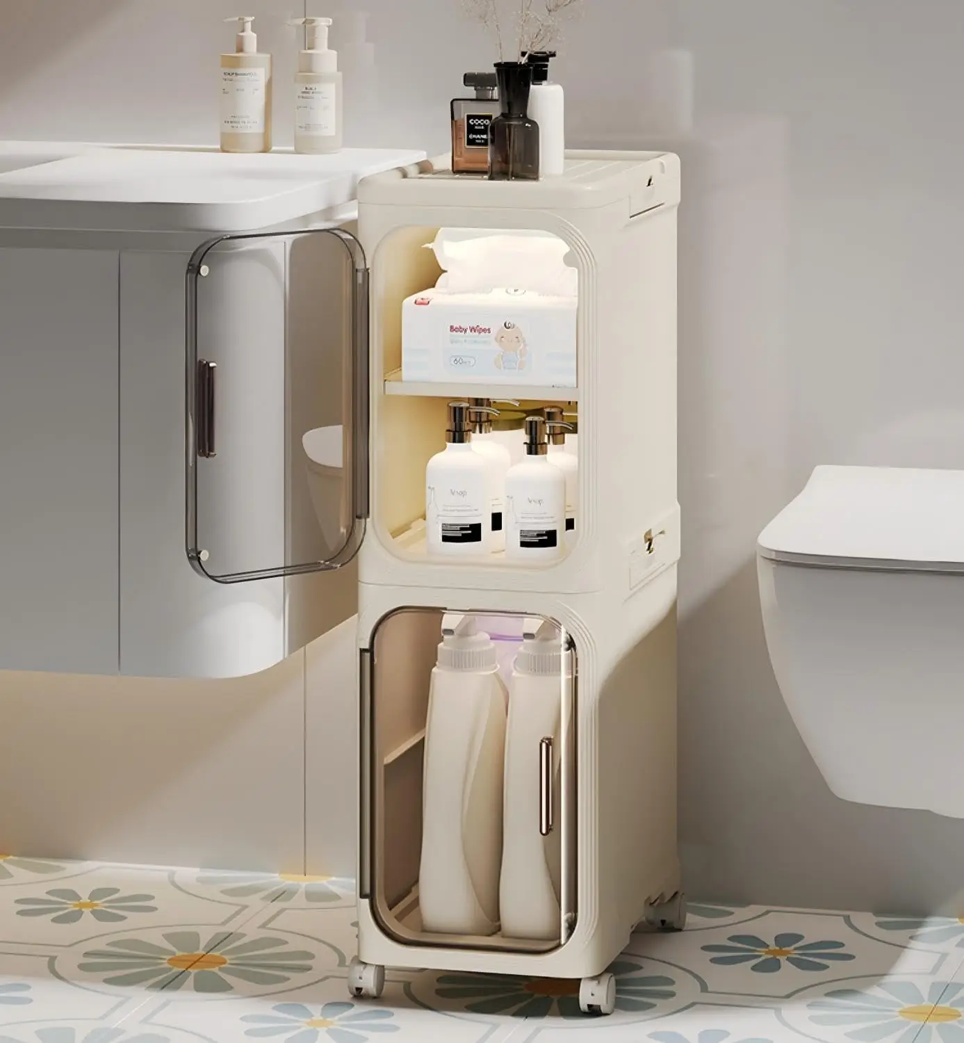 

2-Tier Slim Bathroom Storage Cabinet, Narrow Storage Cabinet with Wheels, Adjustable Shelves, Magnetic Doors, Water-Proo