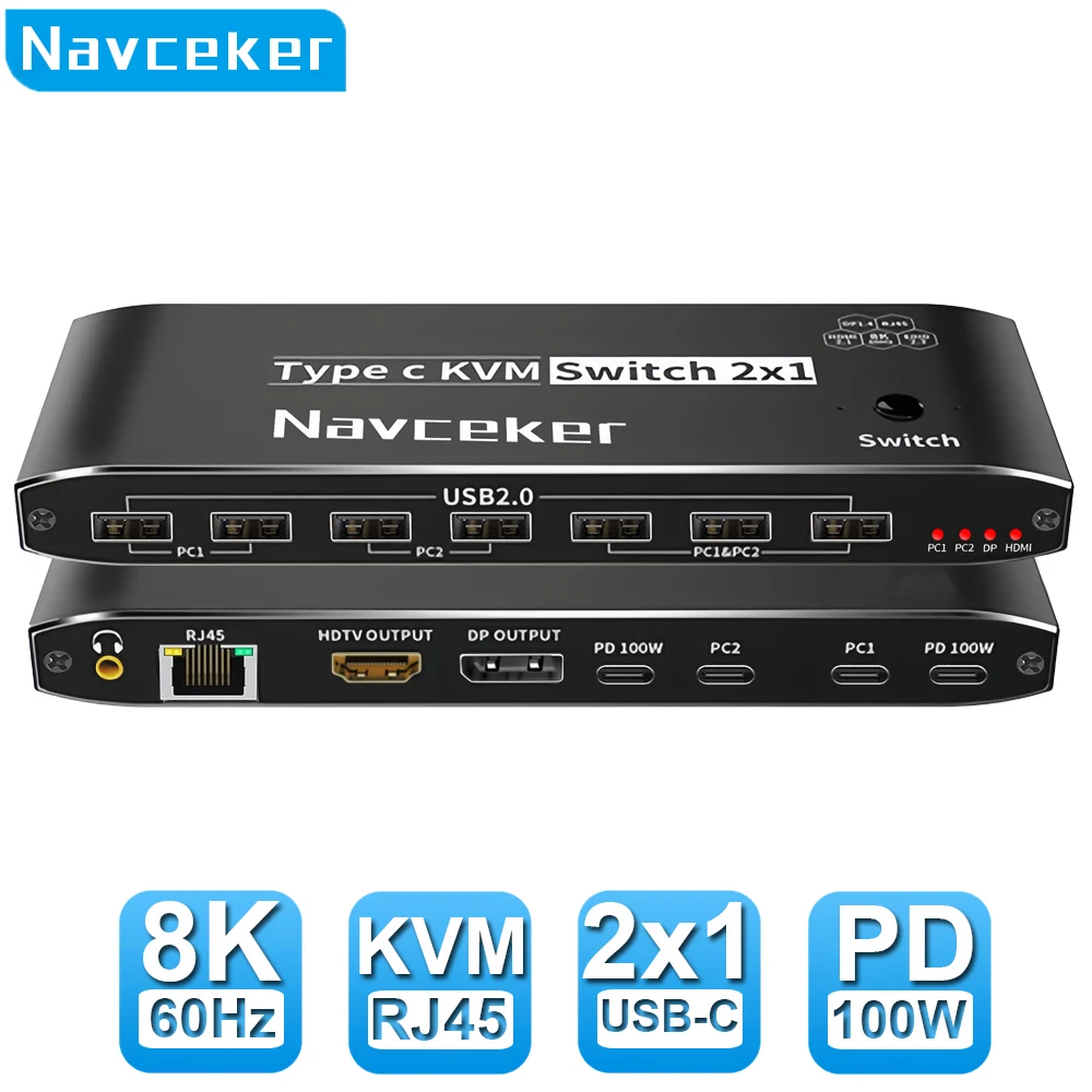 

Navceker 2x1 8K Thunderbolt 4 USB C KVM Switch RJ45 100W PD Charge 4K 144Hz Type C KVM Switch Switcher for 2 Computer 1 Monitor