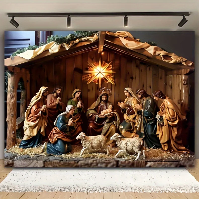 Weihnachtskrippe Hintergrundstoff – Krippenstufe mit Frauen und Kinder, Schaffalte-Design, Polyester