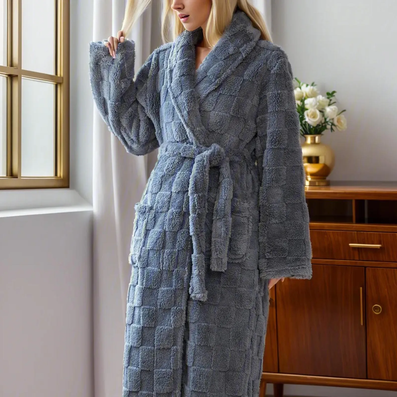 Women's Fashion Checkered Embossed Design Plush Bathrobe Thicken Comfortable Warm Flannel Bath Robe Long Sleeve Loungewear Set