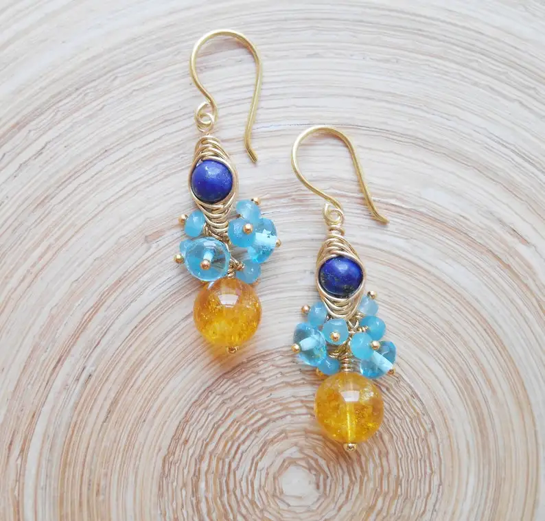 Roxanne الأحجار الكريمة العنقودية أقراط الأصفر الأزرق الداكن سلك التفاف استرخى قطرة سيترين اللازورد اليشم الذهب ملء نوفمبر