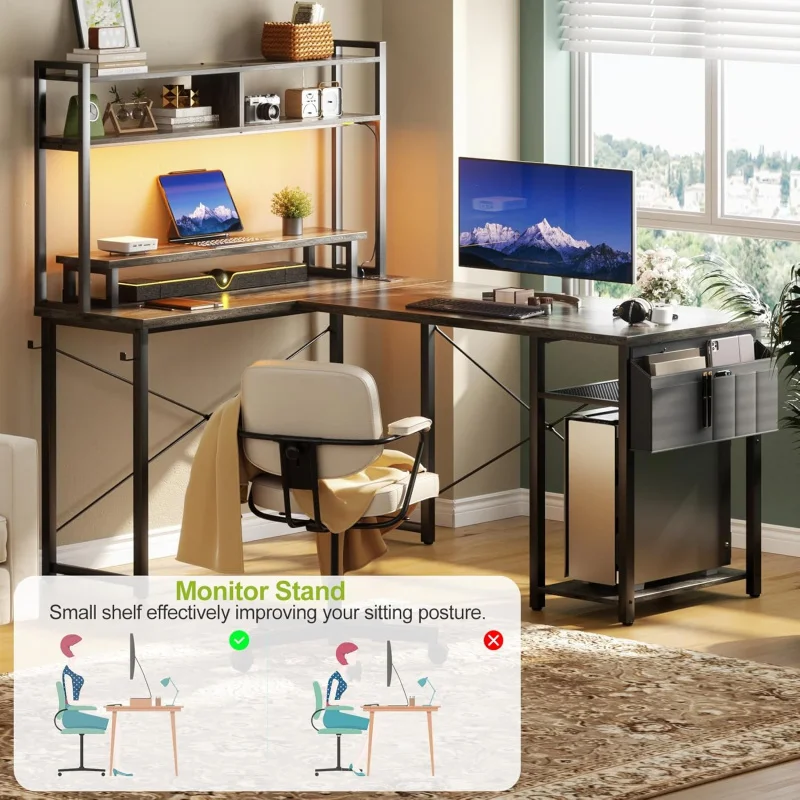 (UUX) L Gaming Power Outlets, 48" L Shaped LED Computer Desk with Monitor Stand & Storage Shelf, Corner Gam UQ